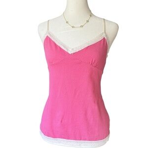 Pink Lace Trim Polka Dot Coquette Y2K Romantic Retro Babydoll Women's Large Top